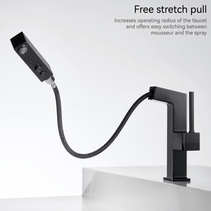 Смесители для ванной комнаты Samliyu для раковины 1 отверстие, однополосная раковина с одной ручкой с 2 ​​режимами, 360 ° ровно с вытягивающим распылителем, современные раковины для ванной комнаты черный BF04006-N1-МБ