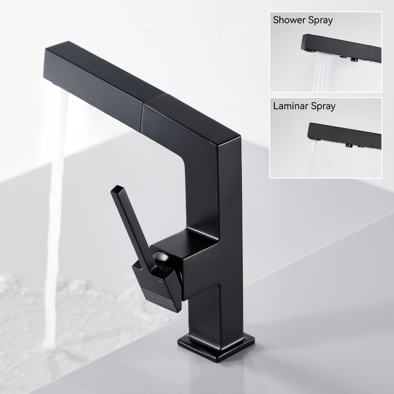 Смесители для ванной комнаты Samliyu для раковины 1 отверстие, однополосная раковина с одной ручкой с 2 ​​режимами, 360 ° ровно с вытягивающим распылителем, современные раковины для ванной комнаты черный BF04006-N1-МБ