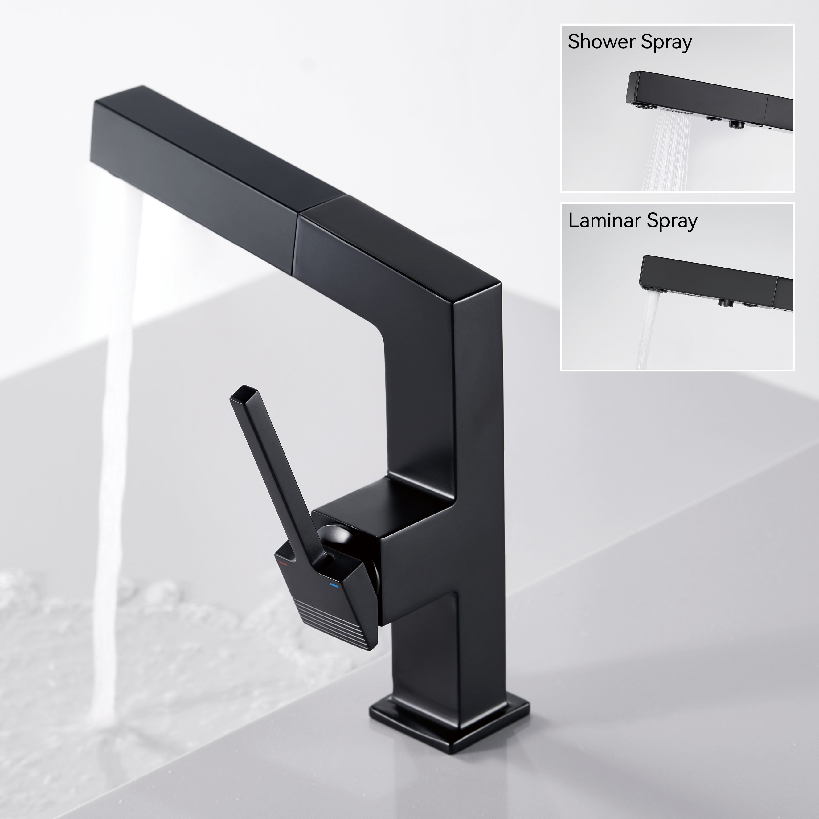 Смесители для ванной комнаты Samliyu для раковины 1 отверстие, однополосная раковина с одной ручкой с 2 ​​режимами, 360 ° ровно с вытягивающим распылителем, современные раковины для ванной комнаты черный BF04006-N1-МБ