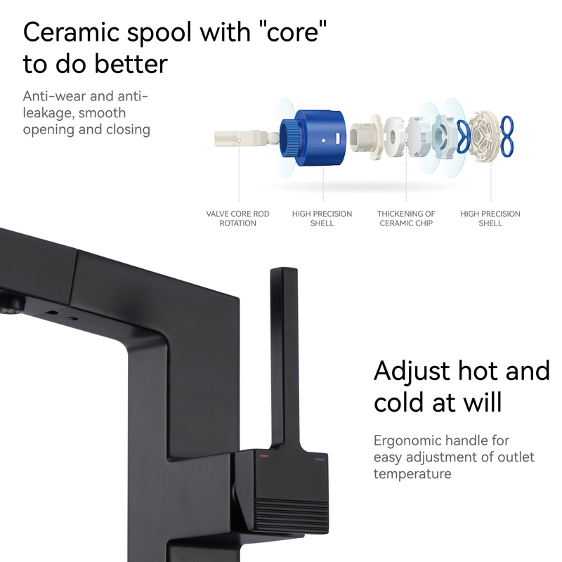 Смесители для ванной комнаты Samliyu для раковины 1 отверстие, однополосная раковина с одной ручкой с 2 ​​режимами, 360 ° ровно с вытягивающим распылителем, современные раковины для ванной комнаты черный BF04006-N1-МБ